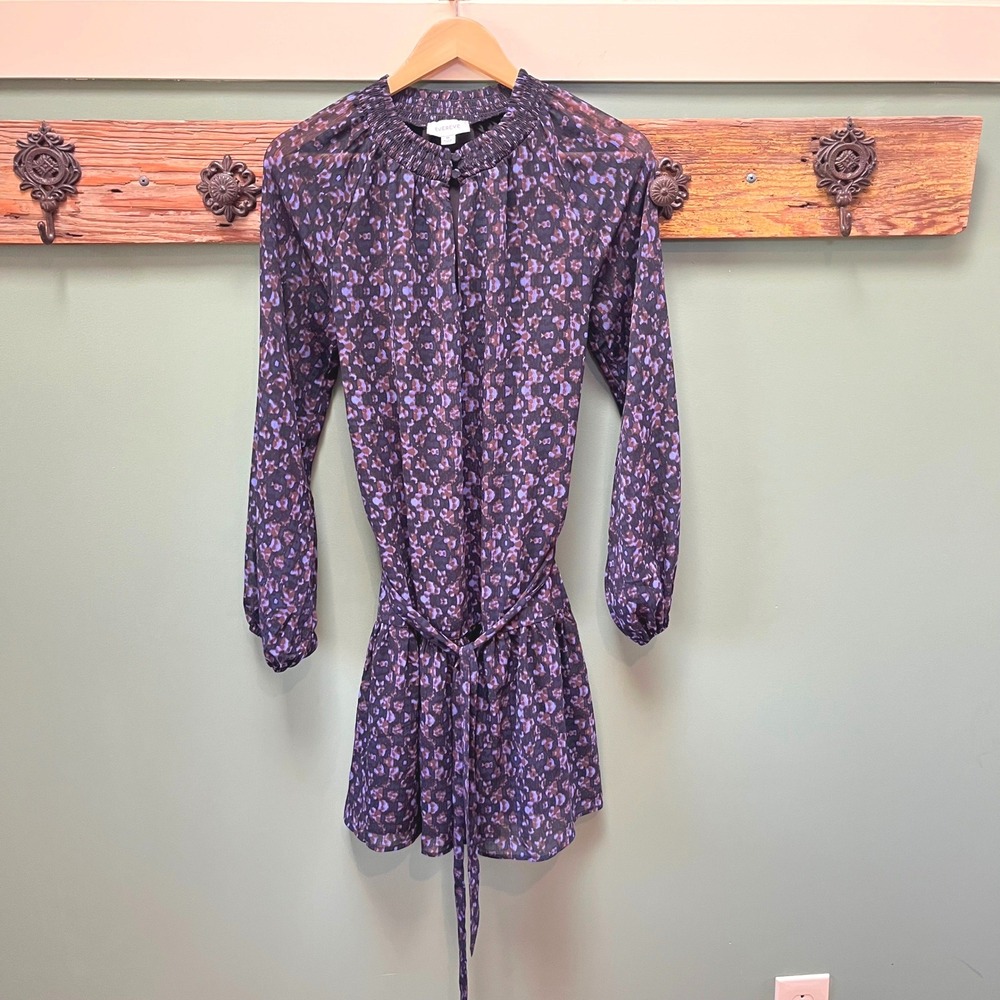 Evereve Womens Purple Abstract Floral Smocked Mock Neck Tie Waist Mini Dress M